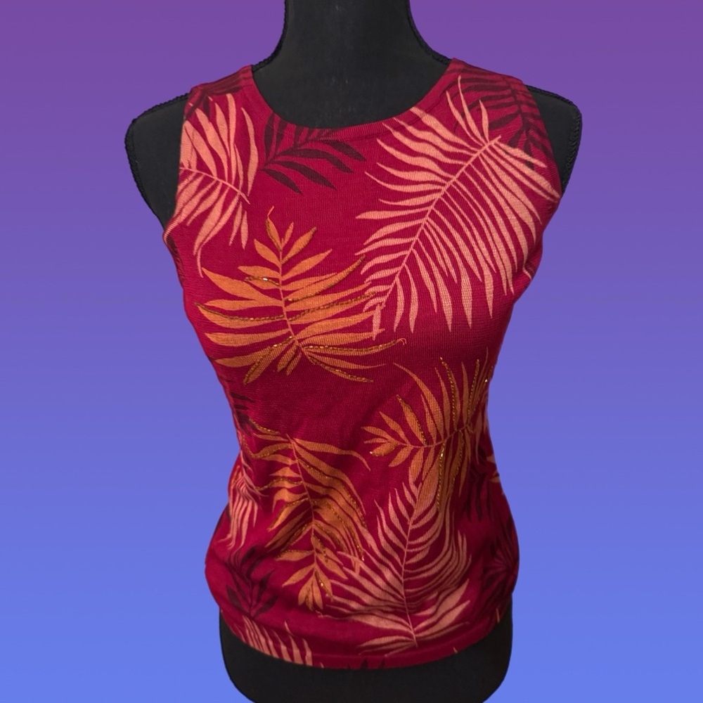 Kate Hill Red and Orange beaded Leaf Print Tank Top
